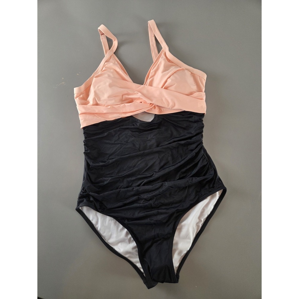 One Piece Swimsuit Sz Medium V Neck Criss Cross Keyhole Opening Peach Black - Picture 2 of 6